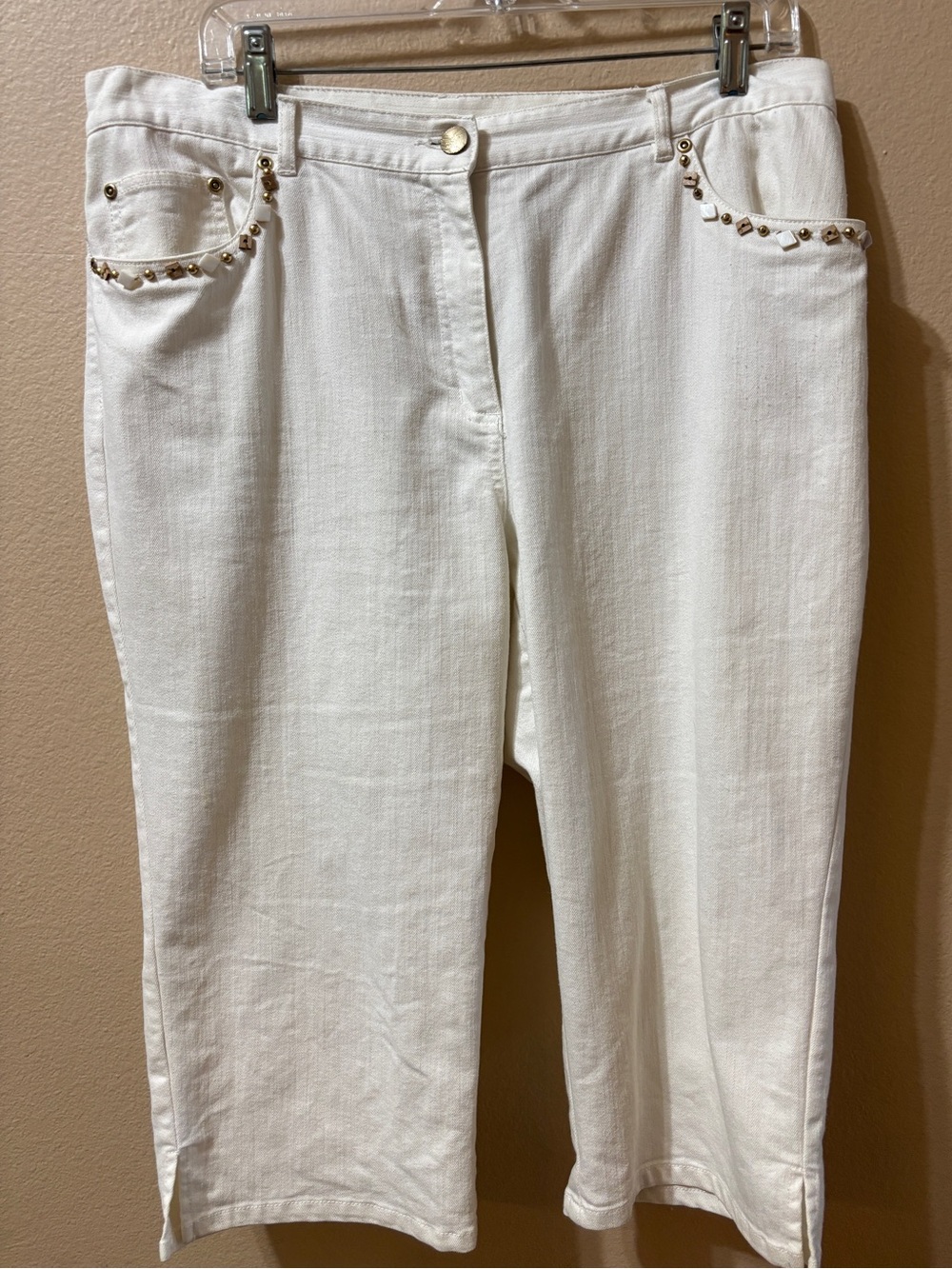 Ruby Rd Woman White Beaded Wide Leg Cropped Denim Pants Plus Size 14 Stretch